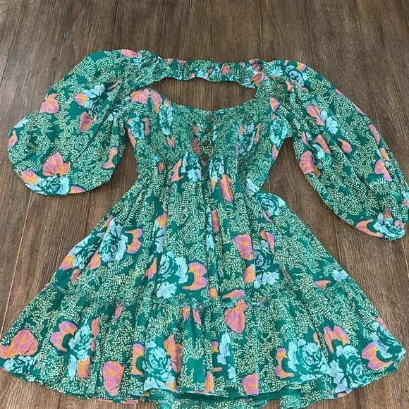 Free People Floral Dress Women’s S Green Open Back Puff Sleeve Smocked Summer - Picture 6 of 10